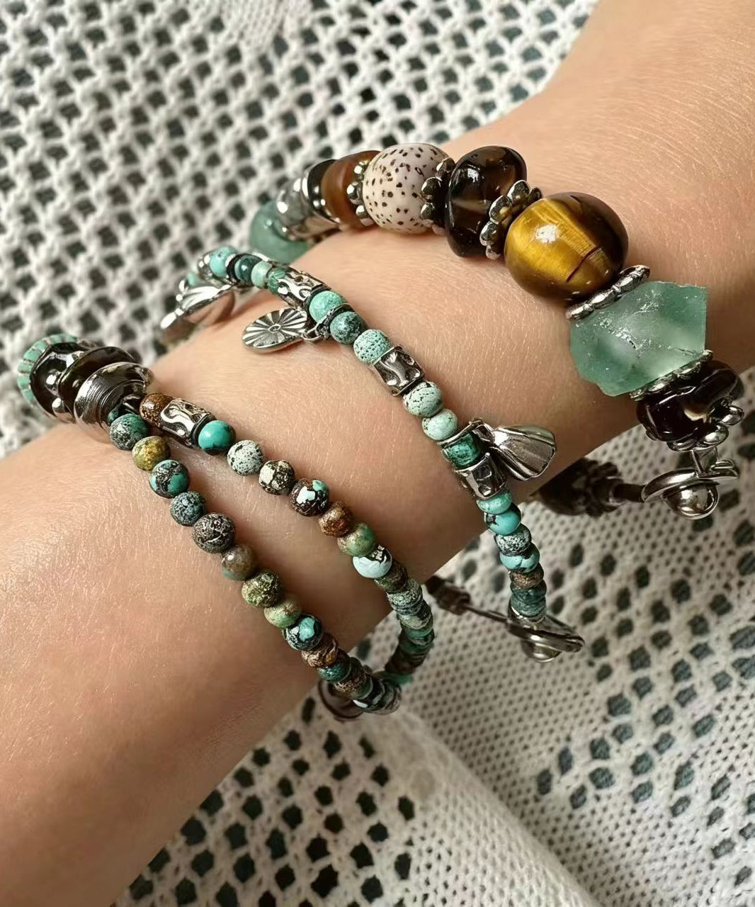 Fine Multicolor Titanium Steel Glass Bead Bracelet Three Piece Set