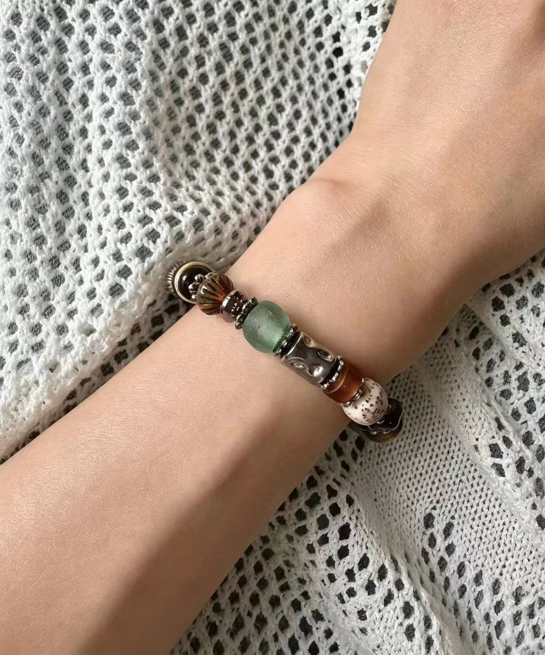 Fine Multicolor Titanium Steel Glass Bead Bracelet Three Piece Set