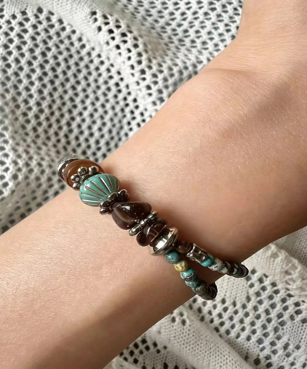Fine Multicolor Titanium Steel Glass Bead Bracelet Three Piece Set
