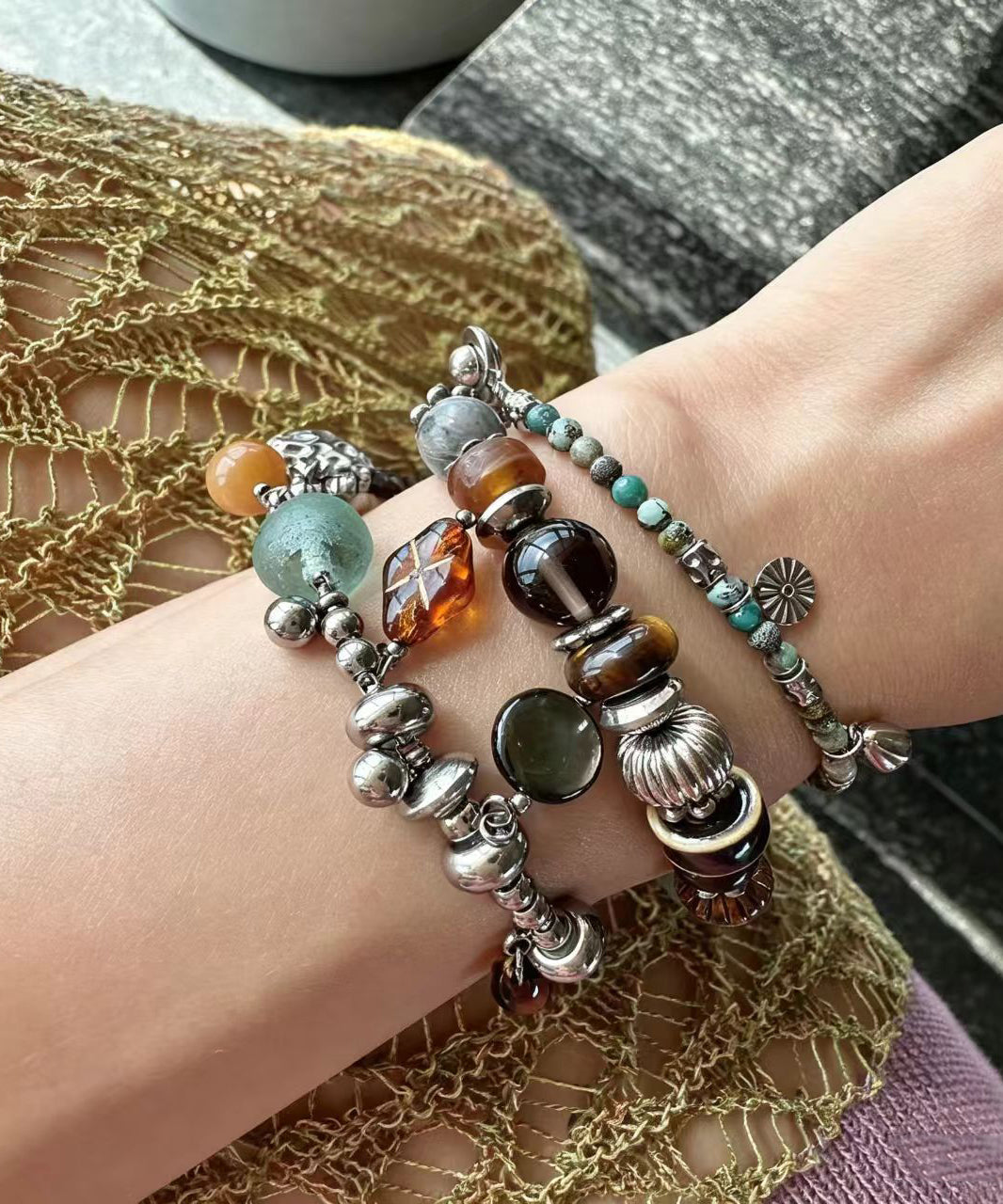 Fine Multicolor Titanium Steel Glass Bead Bracelet Three Piece Set