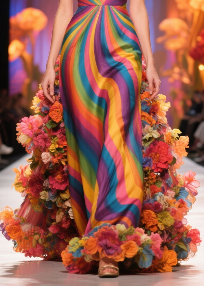 Fine Multicolour Striped Flower Silk Vestidos Dress Summer
