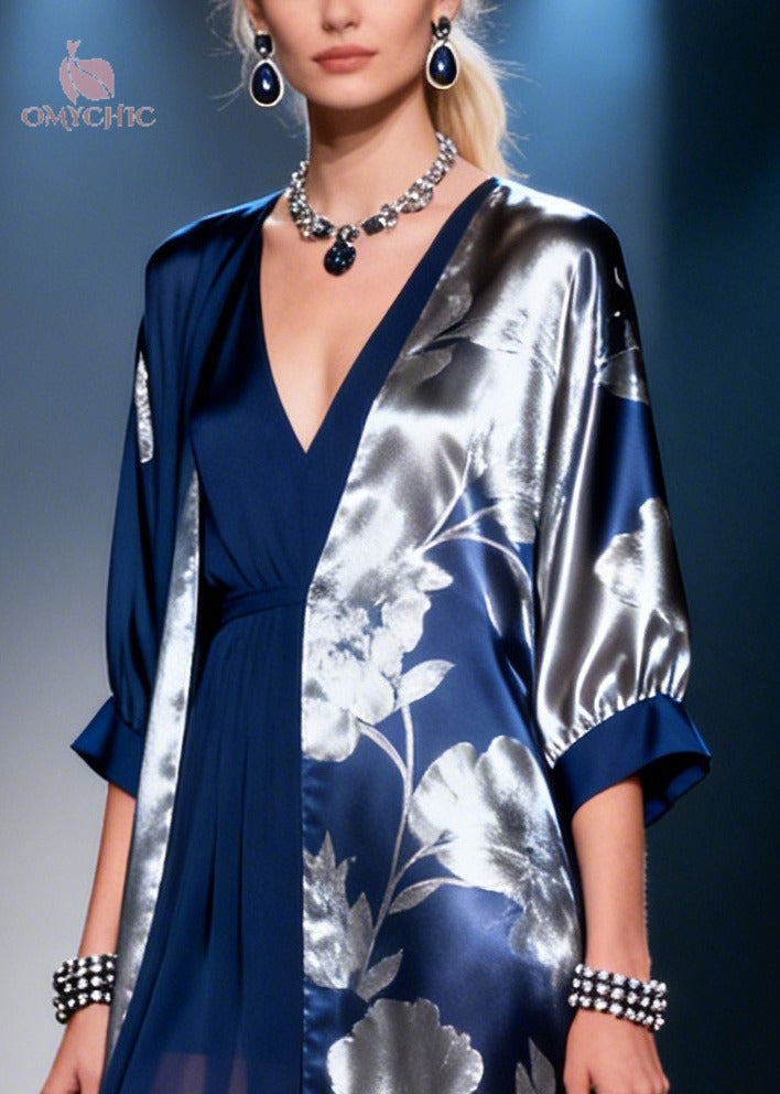 Fine Navy Asymmetrical Print Chiffon Robe Dresses Summer