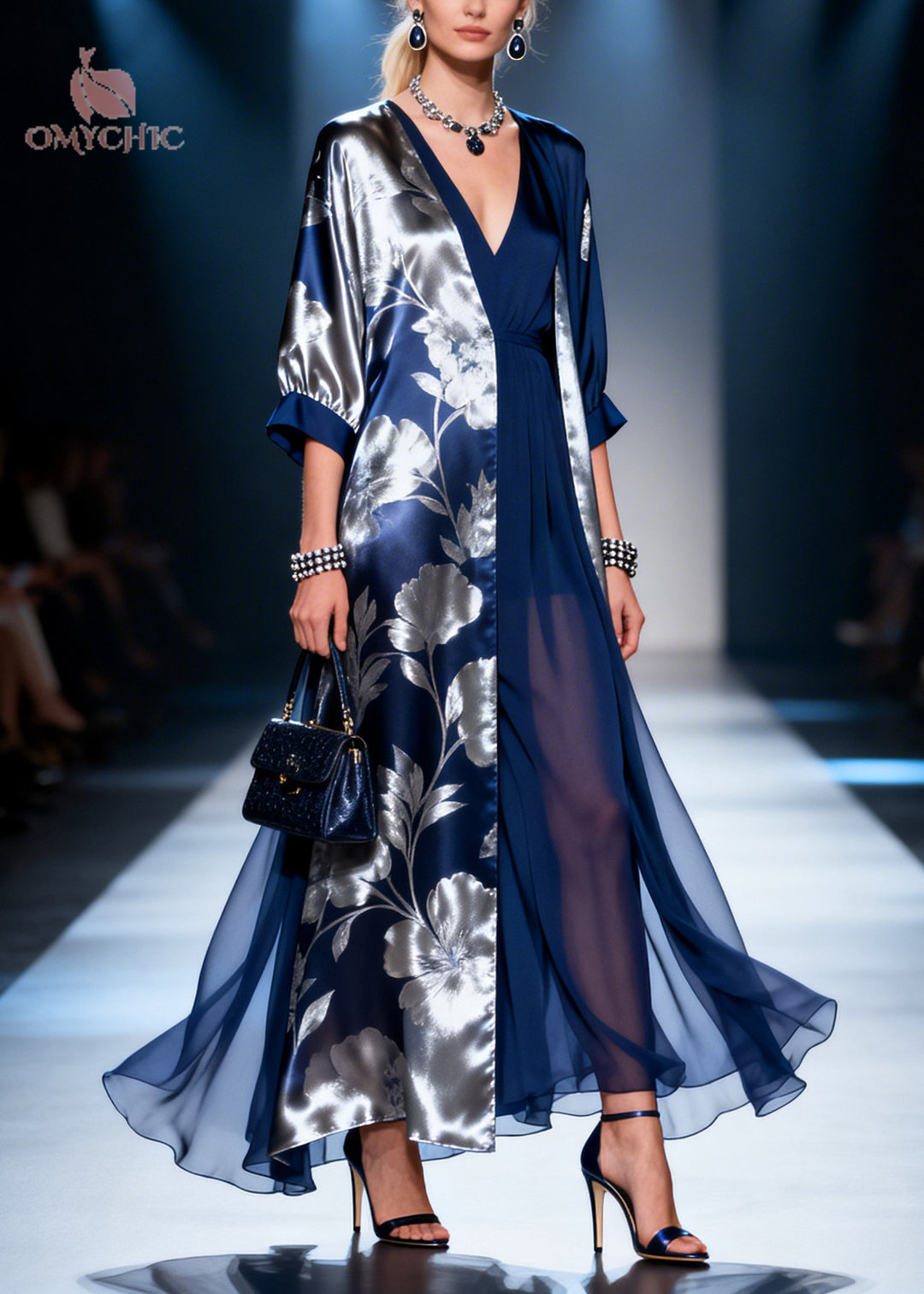 Fine Navy Asymmetrical Print Chiffon Robe Dresses Summer