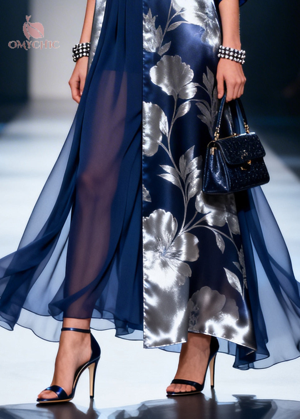 Fine Navy Asymmetrical Print Chiffon Robe Dresses Summer