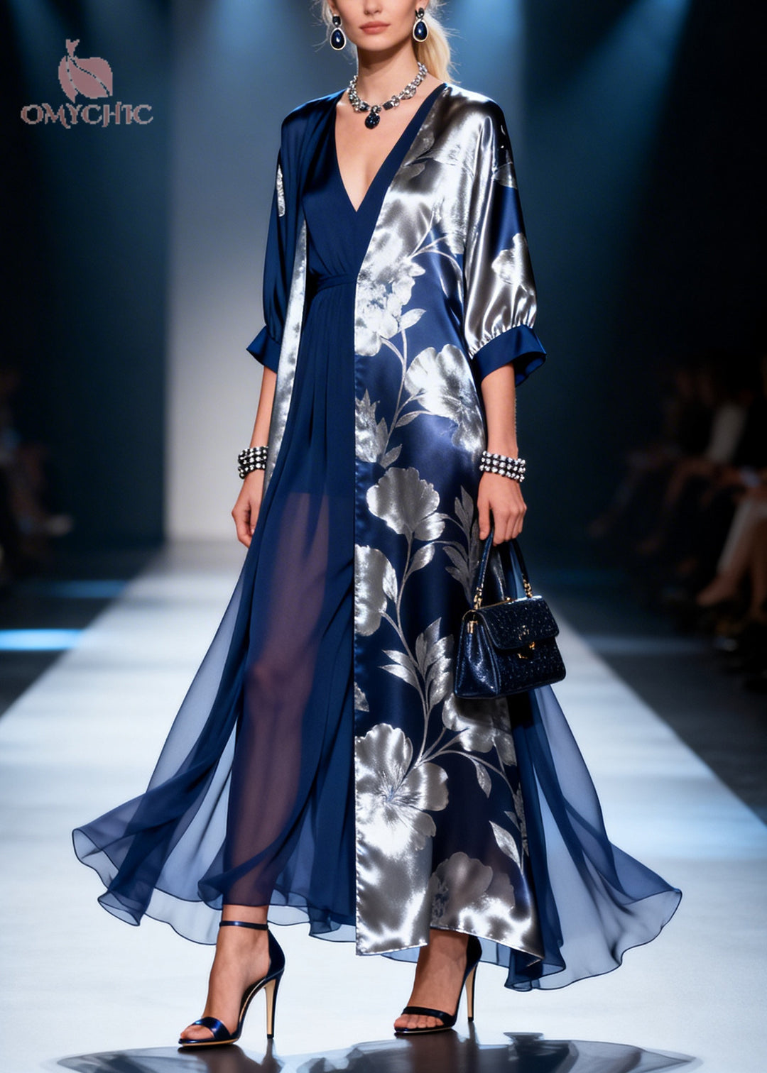 Fine Navy Asymmetrical Print Chiffon Robe Dresses Summer