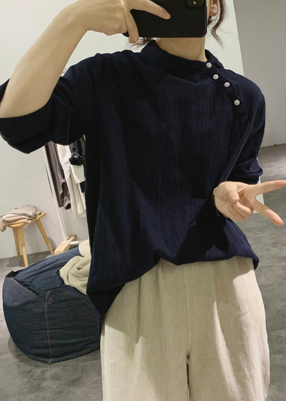 Fine Navy Asymmetrical Stand Collar Cotton Shirts Spring