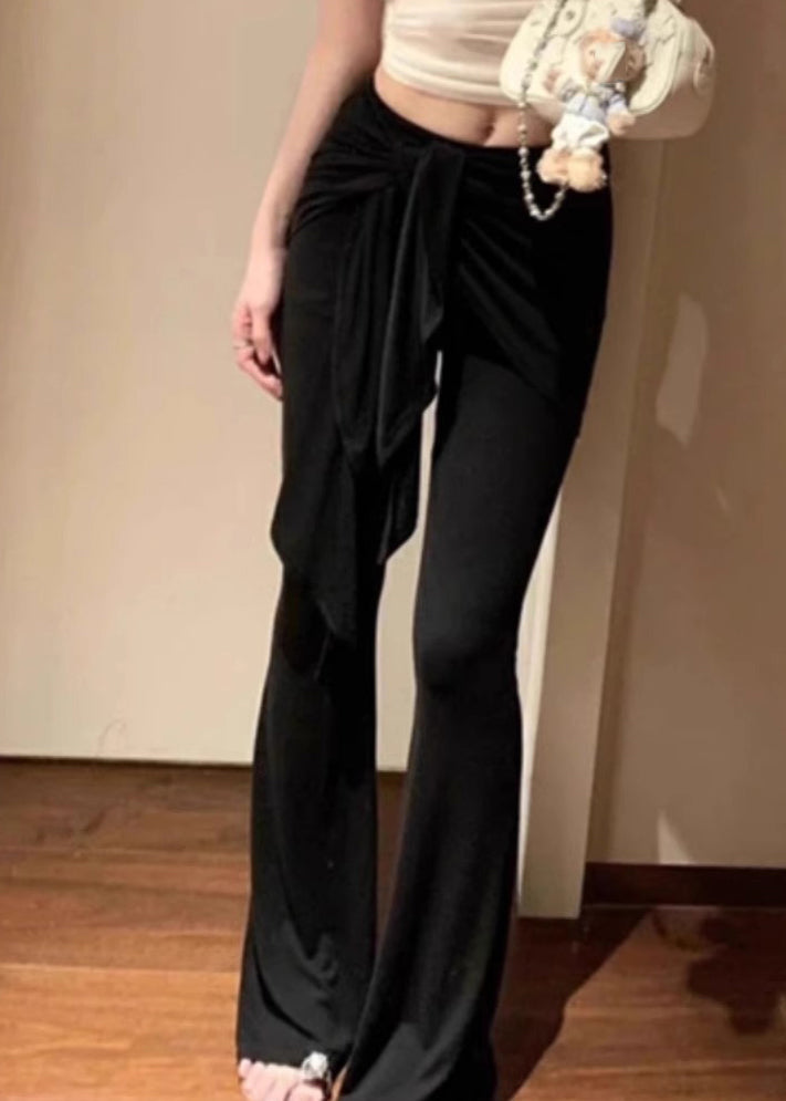 Fine Navy Blue High Waist Tie Waist Lengthening Flare Leggings