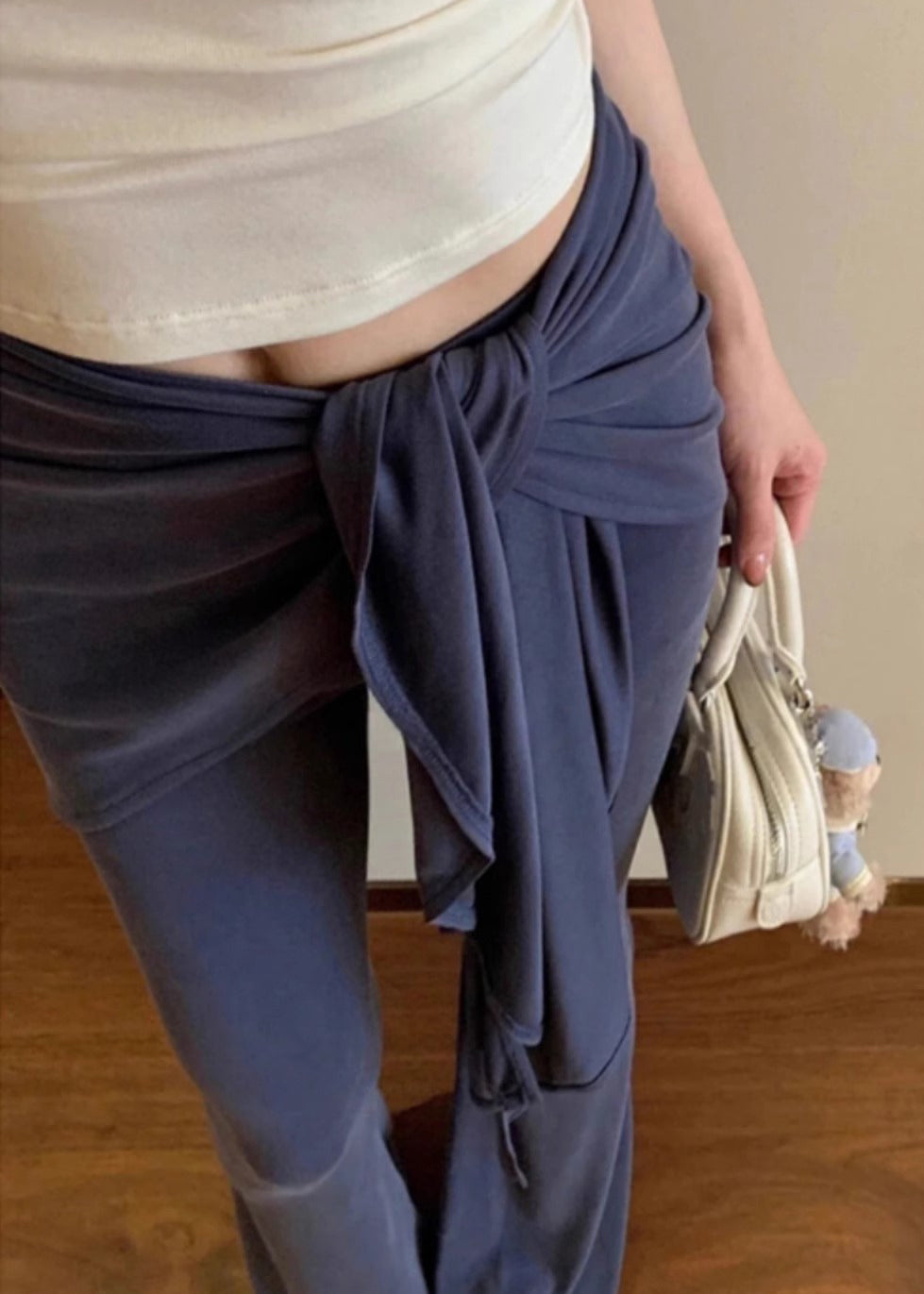 Fine Navy Blue High Waist Tie Waist Lengthening Flare Leggings