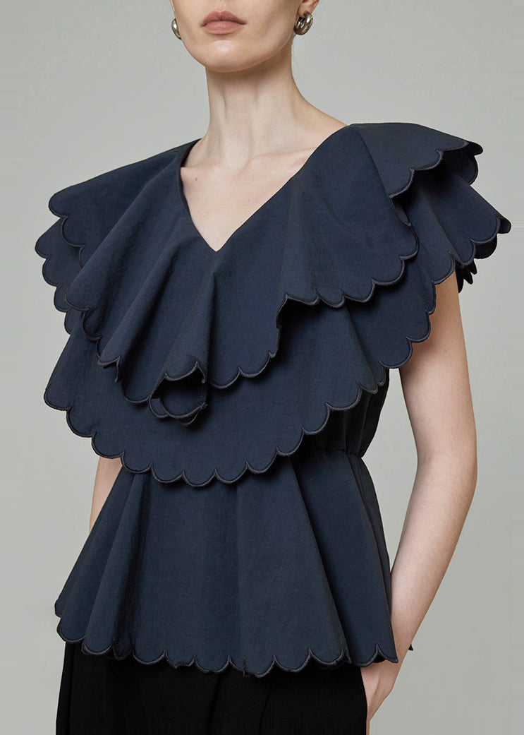 Fine Navy Double-layer Ruffles Cotton Cinched Shirts Summer