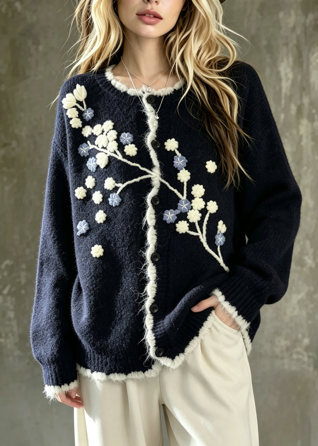 Fine Navy Embroidered Knit Loose Coat Winter