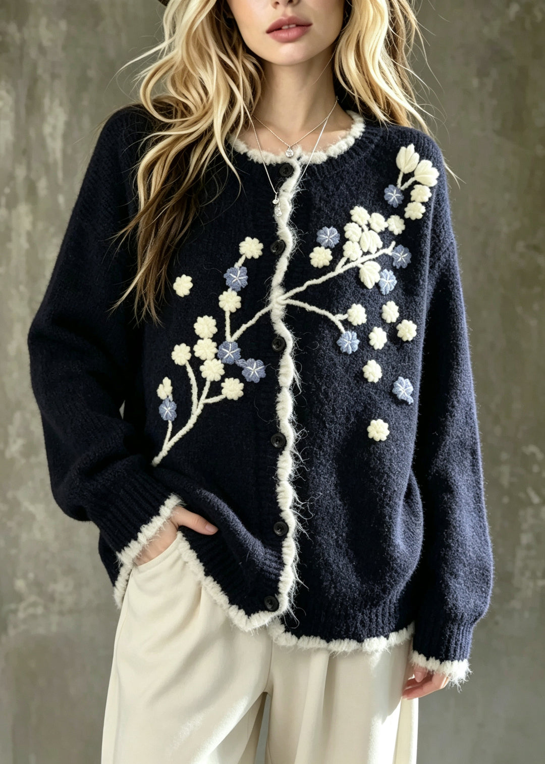 Fine Navy Embroidered Knit Loose Coat Winter