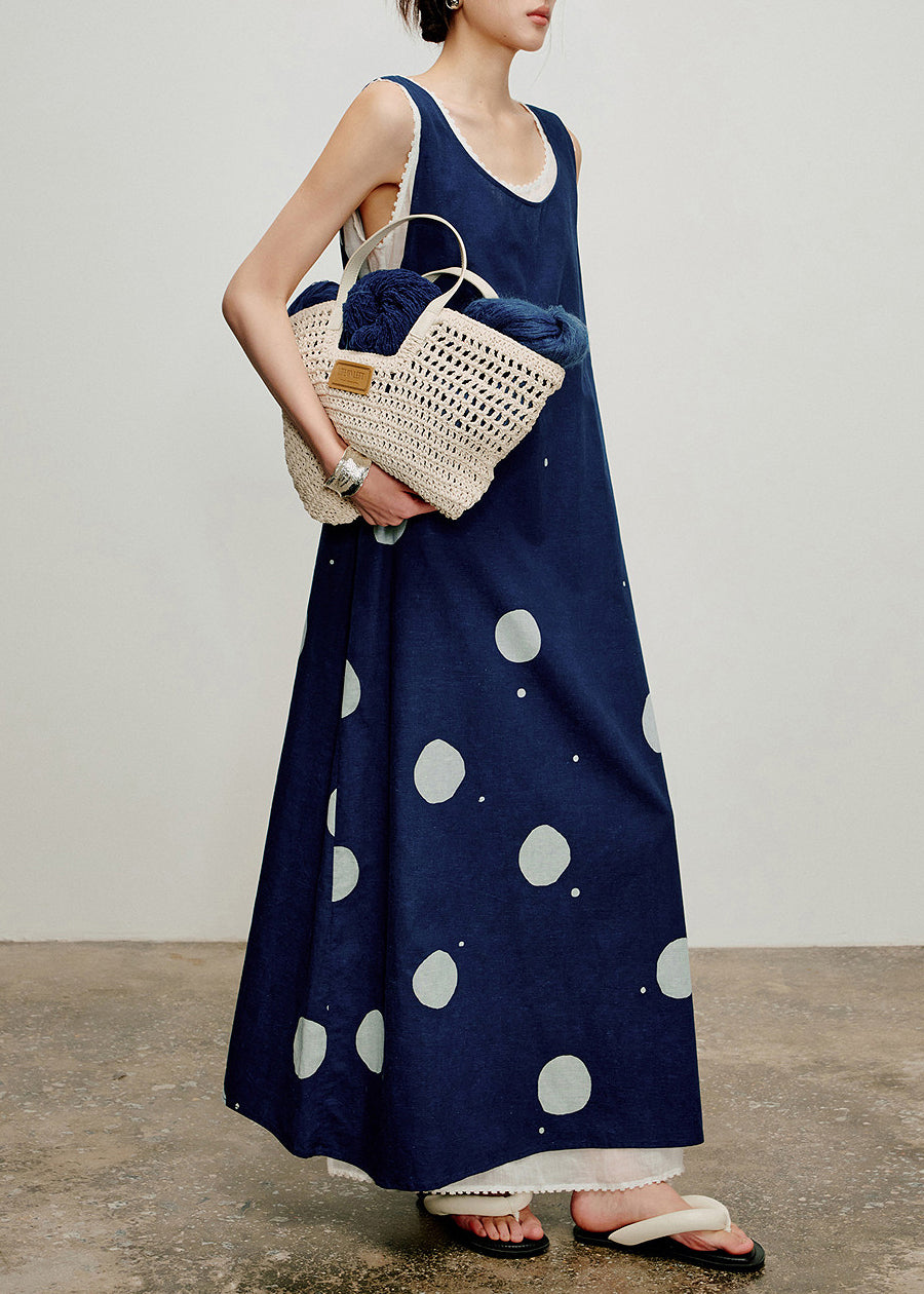 Fine Navy Oversized Print Cotton Maxi Dresses Two Piece Set Sleeveless