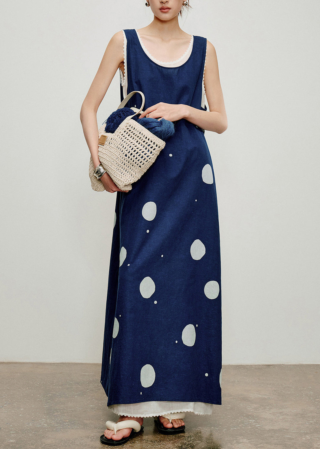 Fine Navy Oversized Print Cotton Maxi Dresses Two Piece Set Sleeveless