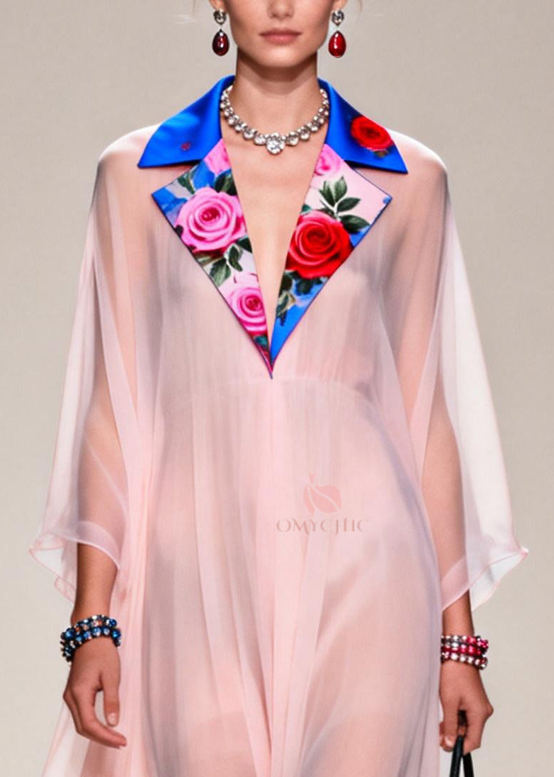 Fine Nude Notched Patchwork Chiffon Sheer Dresses Summer