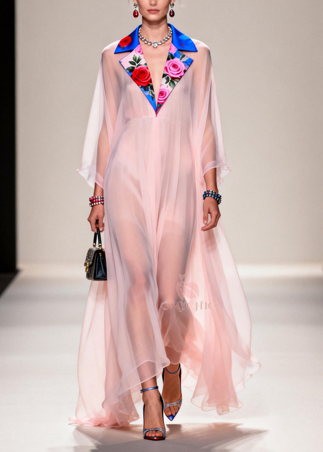 Fine Nude Notched Patchwork Chiffon Sheer Dresses Summer