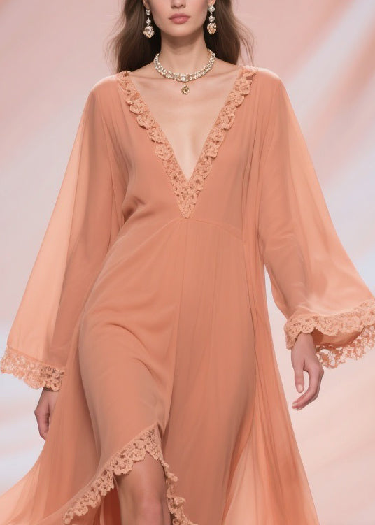 Fine Orange Lace Side Open Solid Chiffon Long Dresses