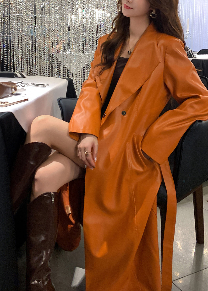 Fine Orange Oversized Warm Fleece Faux Leather Trench Winter