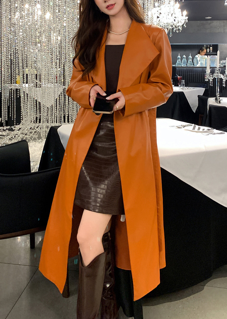 Fine Orange Oversized Warm Fleece Faux Leather Trench Winter