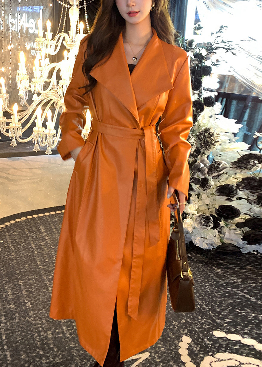 Fine Orange Oversized Warm Fleece Faux Leather Trench Winter
