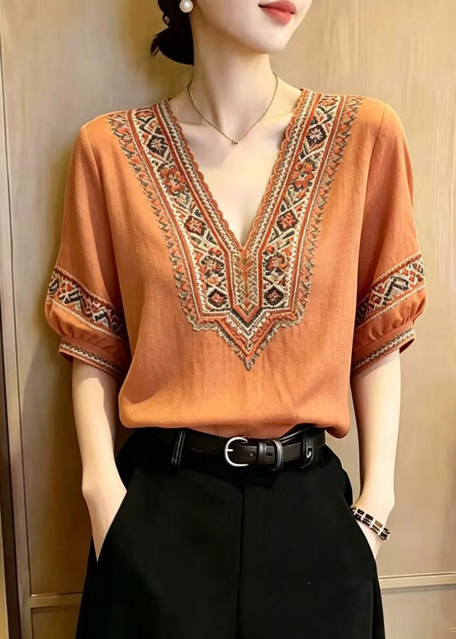 Fine Orange V Neck Embroidered Cotton Shirts Summer