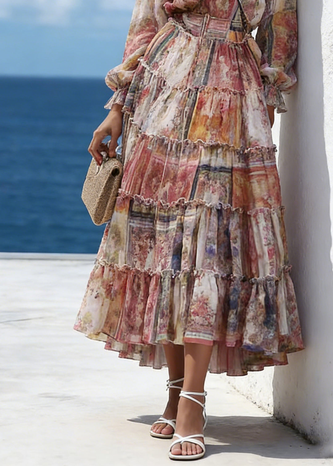 Fine Orange V Neck Print Tunic Chiffon Long Dresses Lantern Sleeve