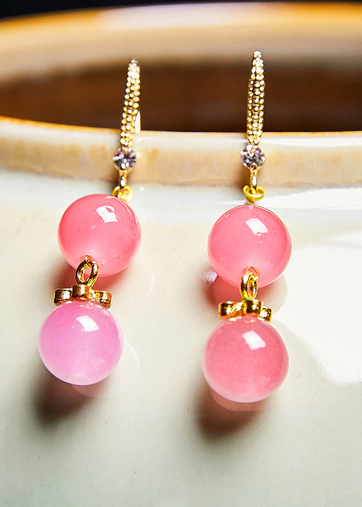 Fine Pink Acrylic Ball Zircon Drop Earrings - Omychic