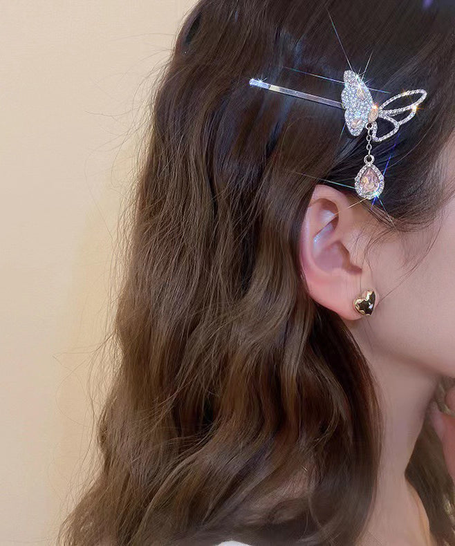 Fine Pink Alloy Zircon Butterfly Water Drop Tassel Hairpin