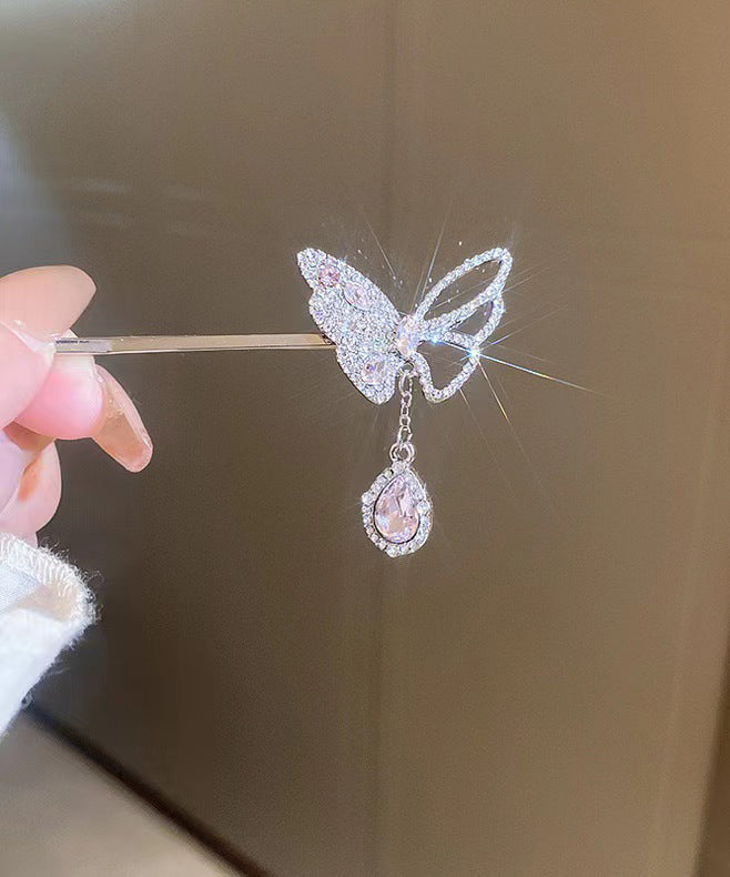 Fine Pink Alloy Zircon Butterfly Water Drop Tassel Hairpin