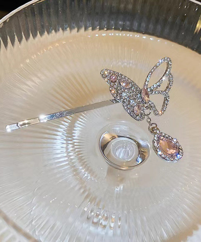 Fine Pink Alloy Zircon Butterfly Water Drop Tassel Hairpin