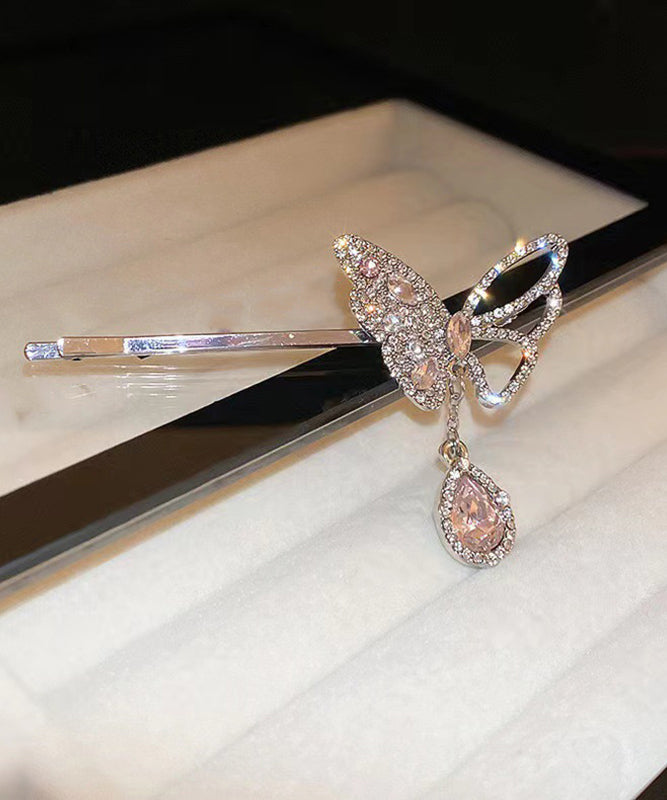 Fine Pink Alloy Zircon Butterfly Water Drop Tassel Hairpin