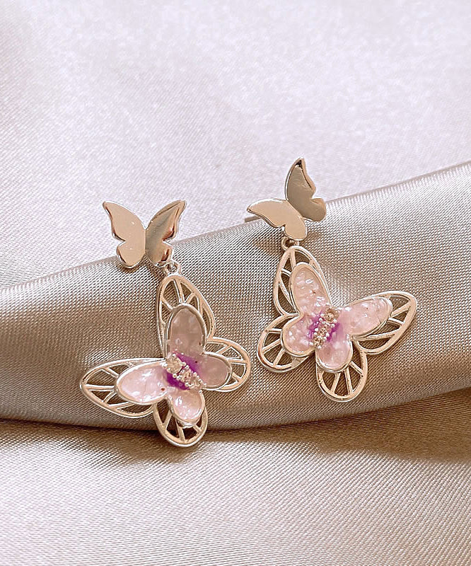 Fine Pink Copper Butterfly Glaze Hollow Out Drop Earrings