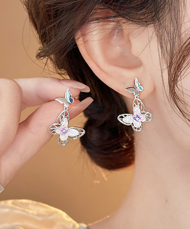 Fine Pink Copper Butterfly Glaze Hollow Out Drop Earrings