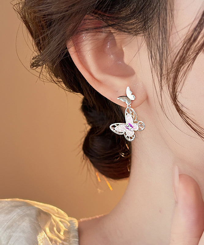 Fine Pink Copper Butterfly Glaze Hollow Out Drop Earrings