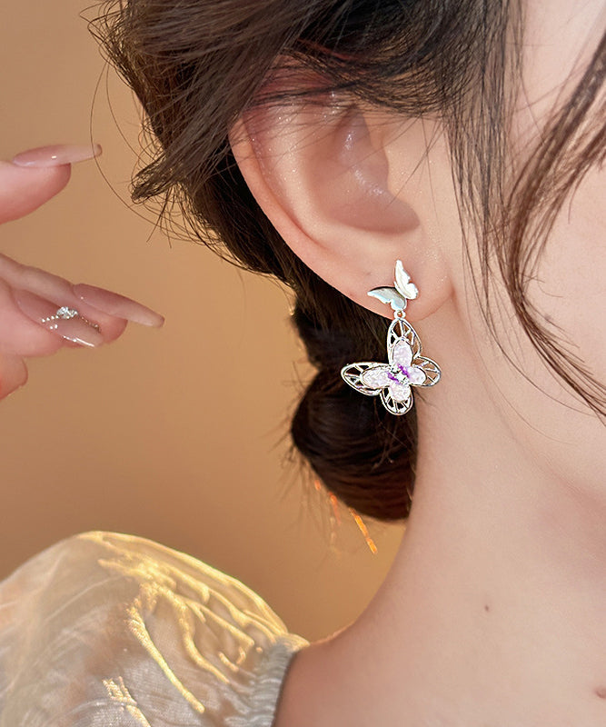 Fine Pink Copper Butterfly Glaze Hollow Out Drop Earrings