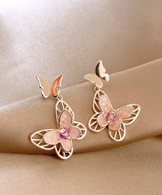 Fine Pink Copper Butterfly Glaze Hollow Out Drop Earrings