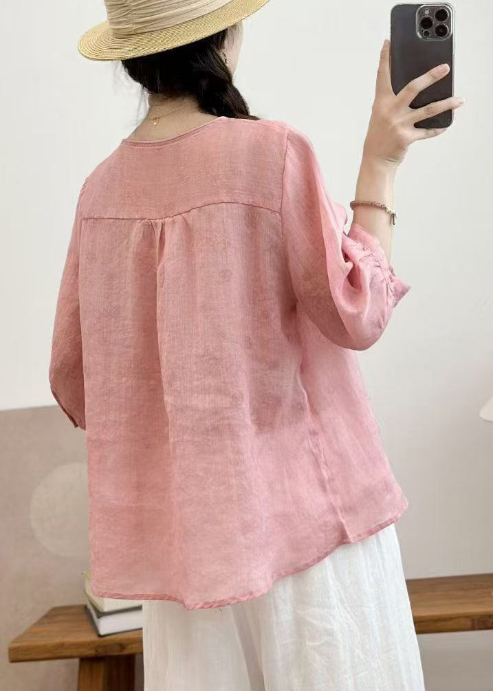 Fine Pink Double-layer Embroidered Linen Tops Summer