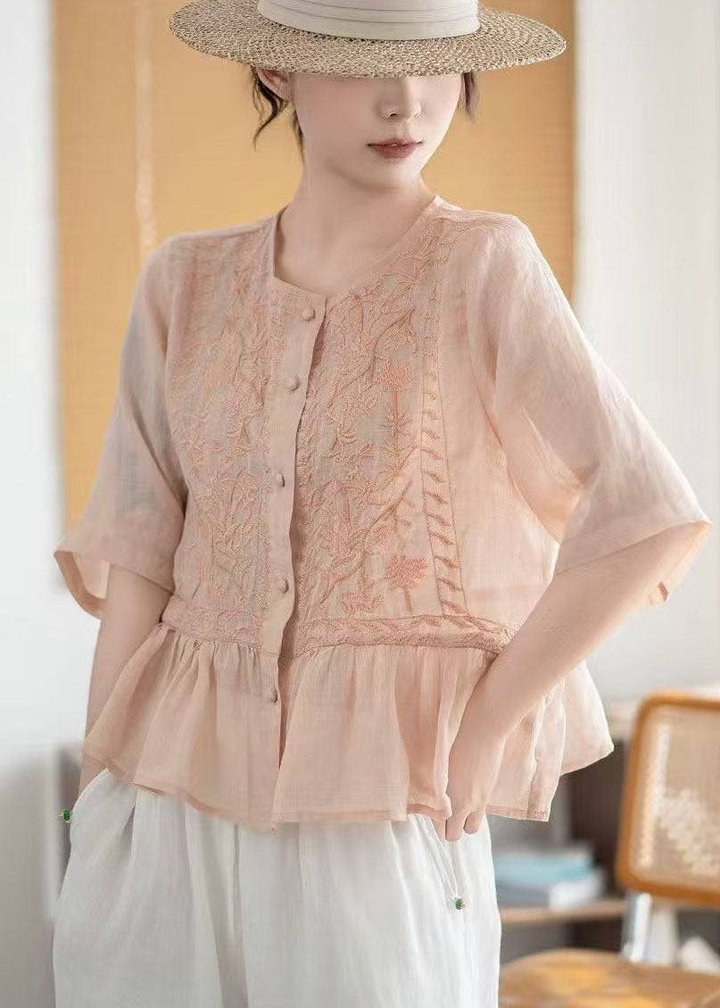 Fine Pink Embroidered Linen Blouses Half Sleeve
