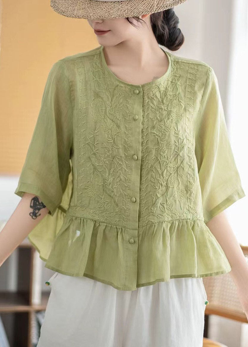 Fine Pink Embroidered Linen Blouses Half Sleeve