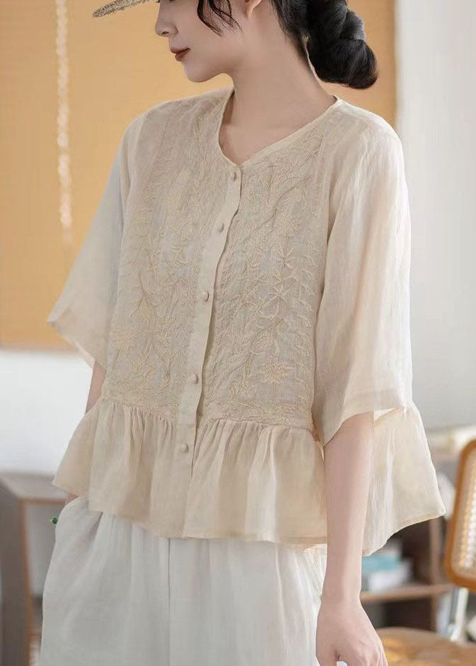 Fine Pink Embroidered Linen Blouses Half Sleeve