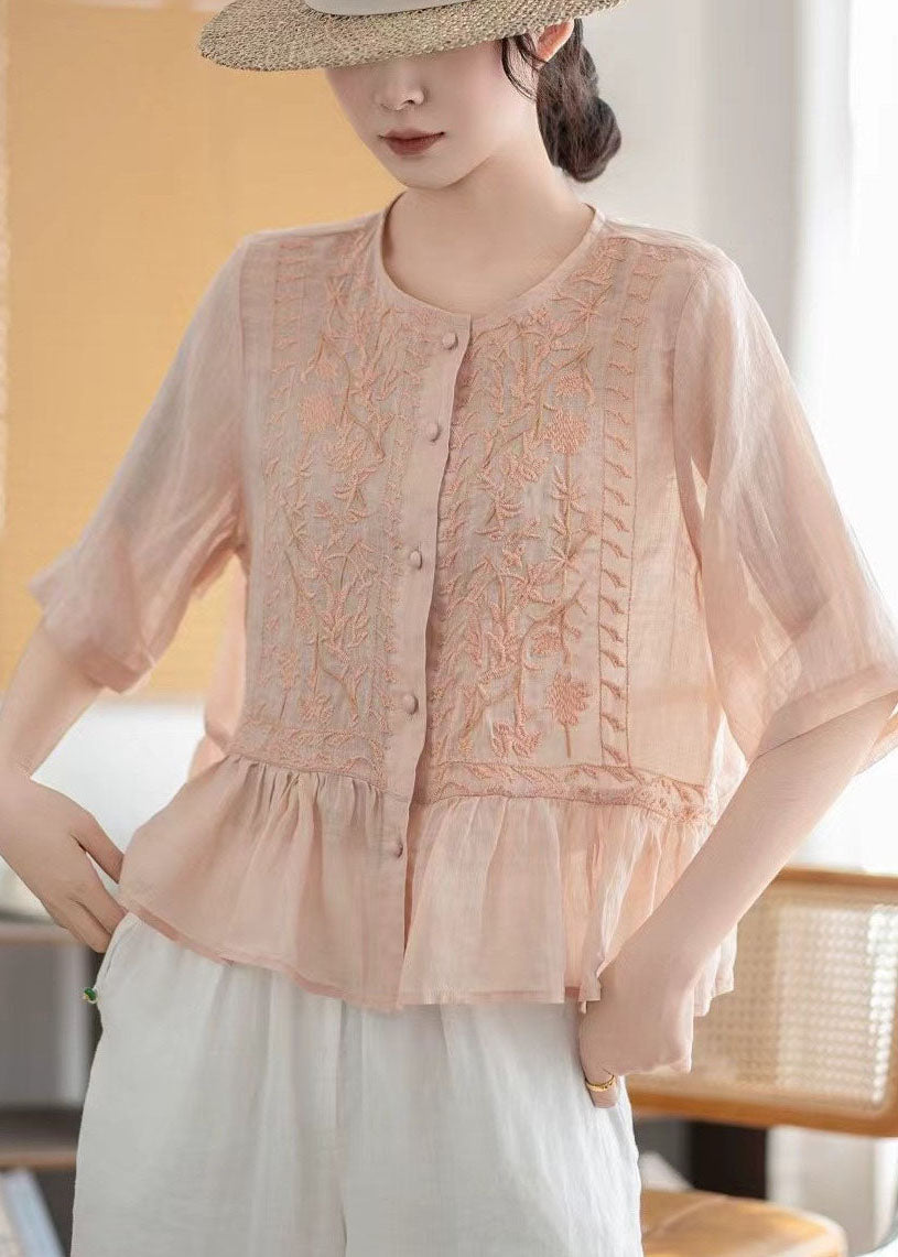 Fine Pink Embroidered Linen Blouses Half Sleeve