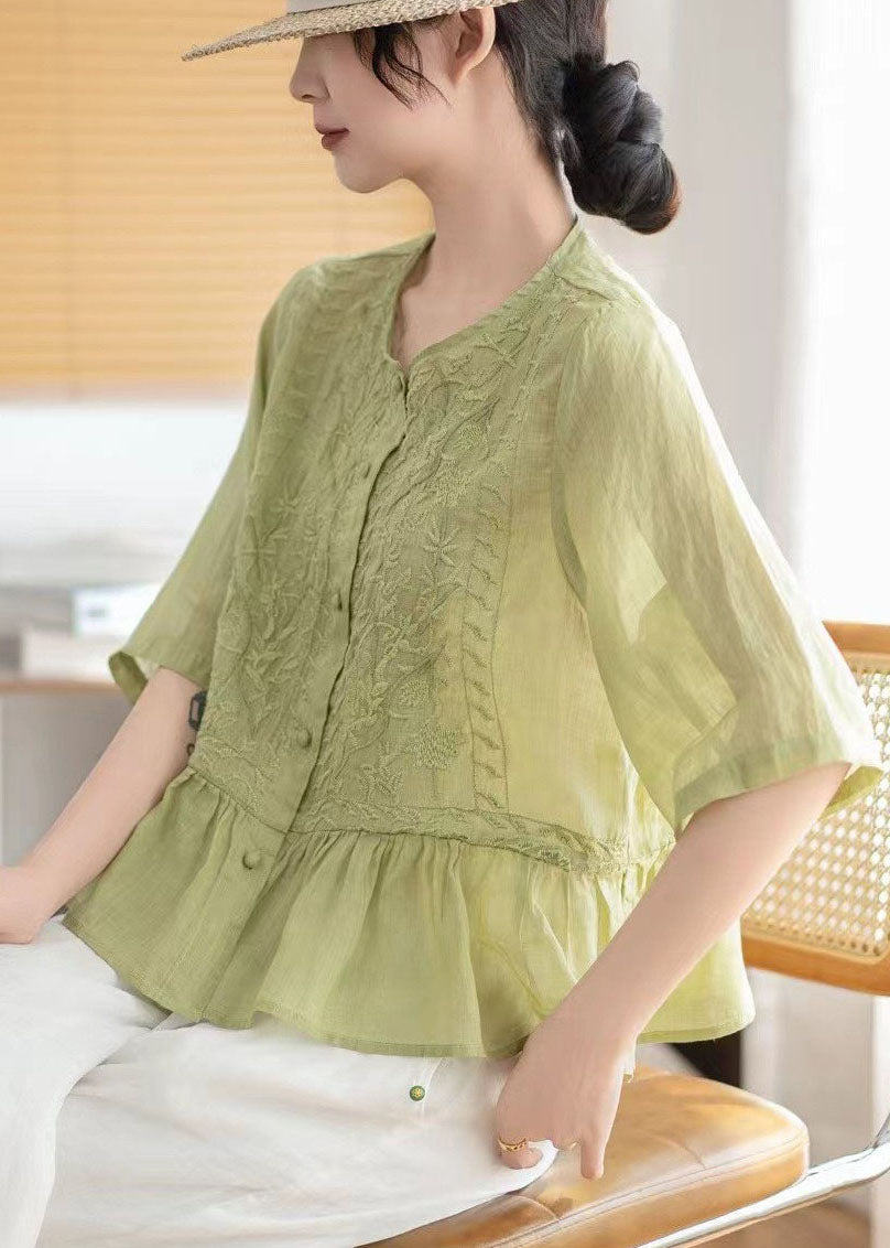 Fine Pink Embroidered Linen Blouses Half Sleeve