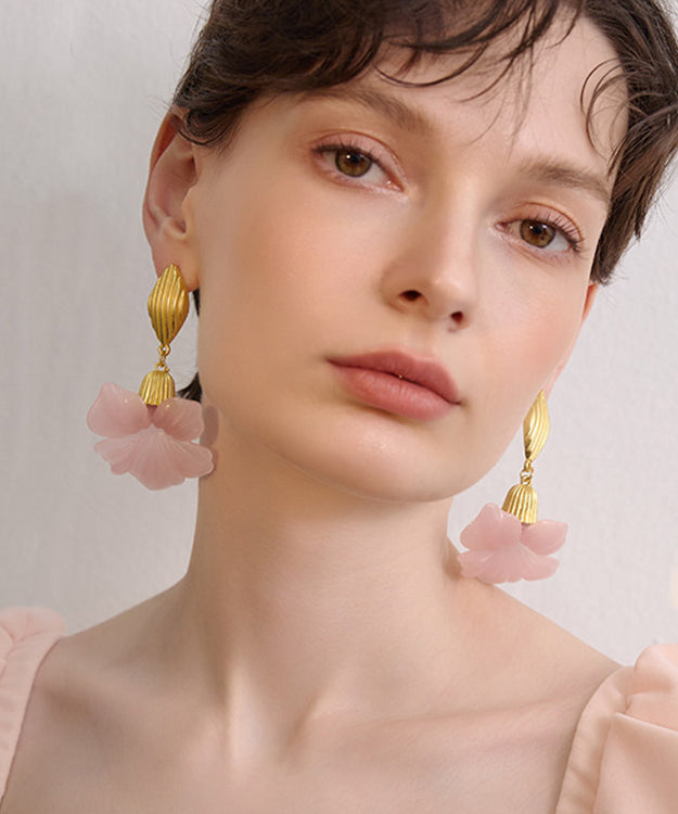 Fine Pink Floral Exaggeration Gold Plated Drop Earrings