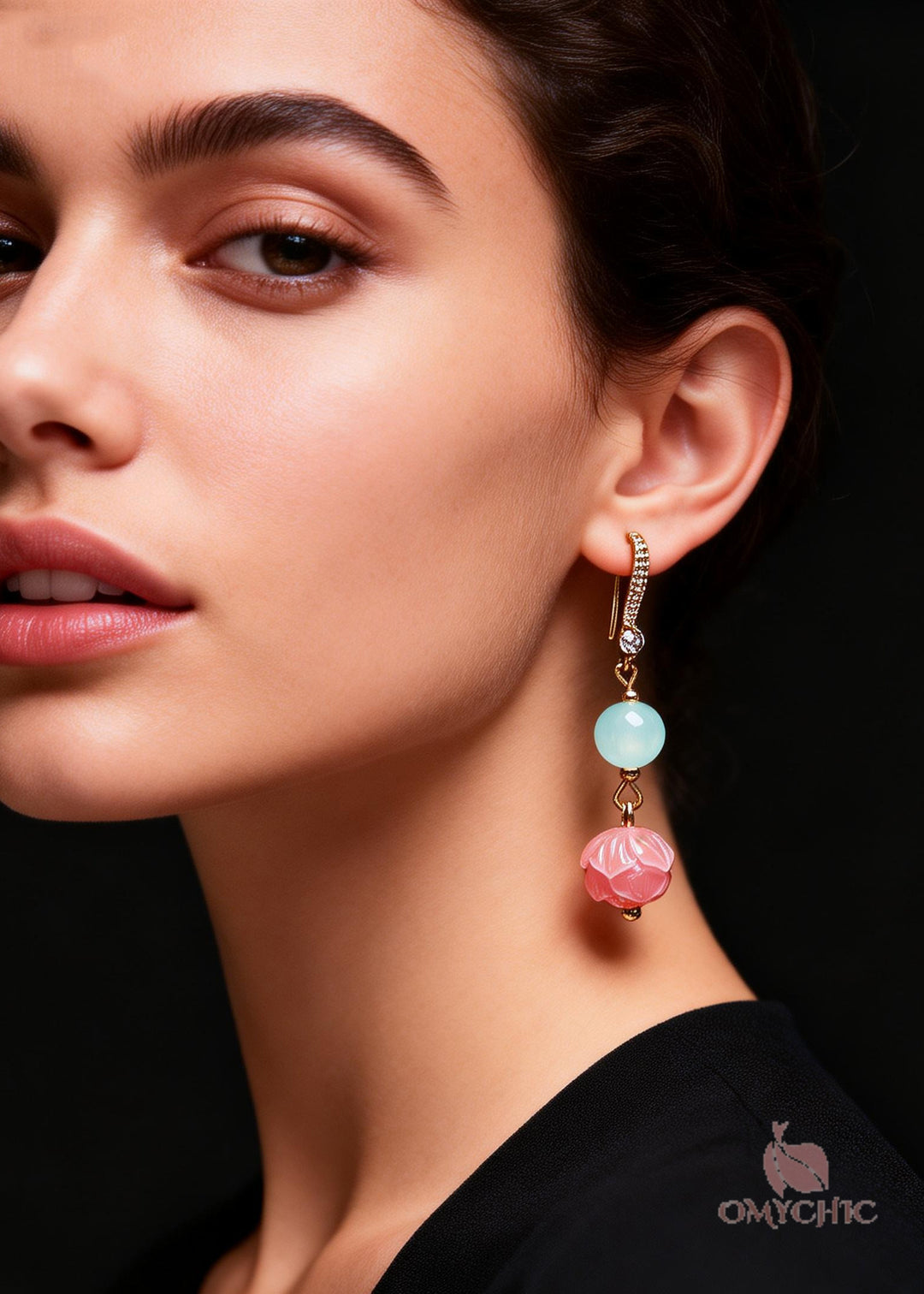 Fine Pink Flower Zircon Jade Drop Earrings