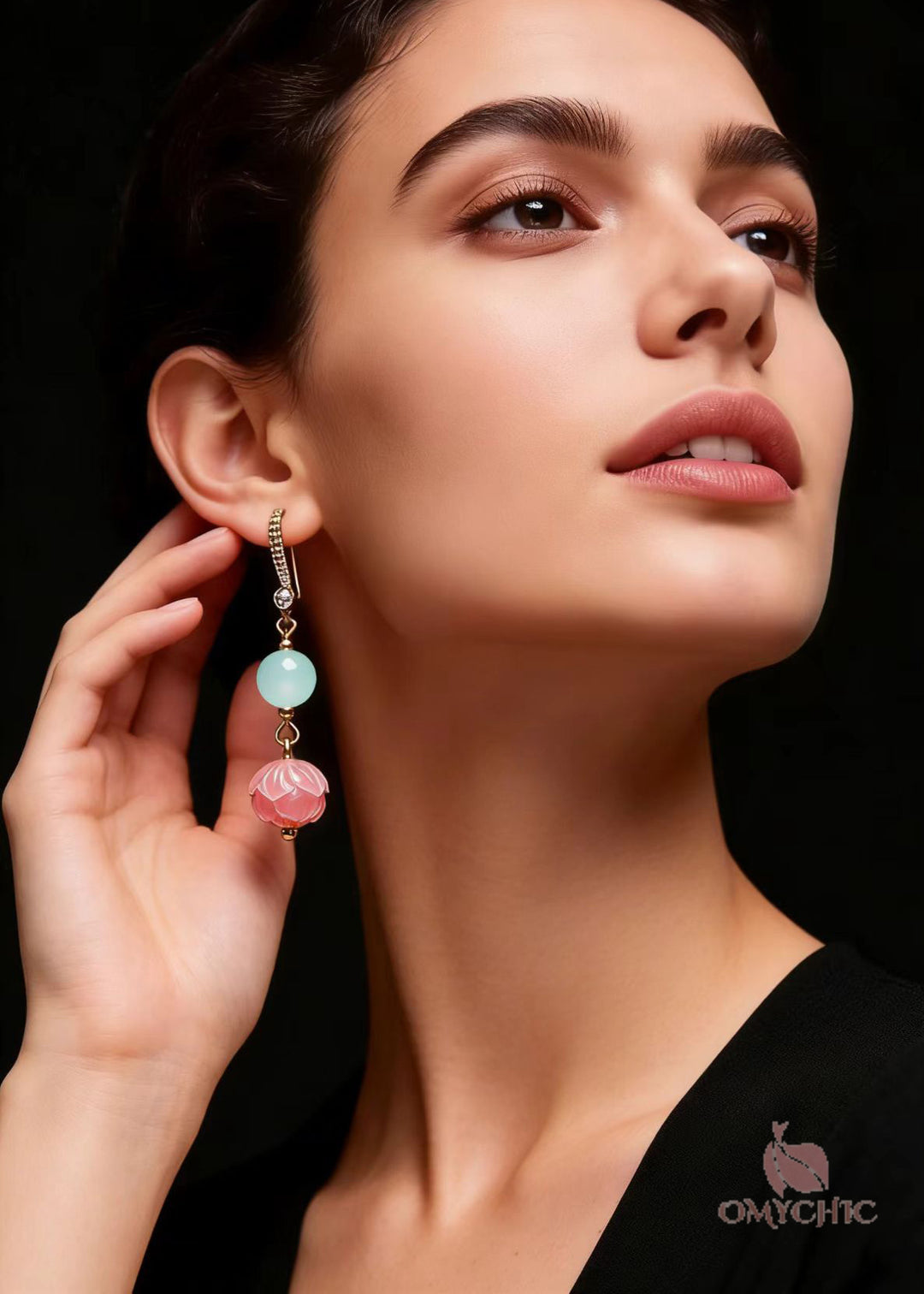 Fine Pink Flower Zircon Jade Drop Earrings