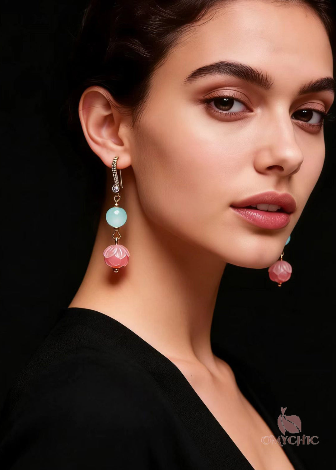 Fine Pink Flower Zircon Jade Drop Earrings