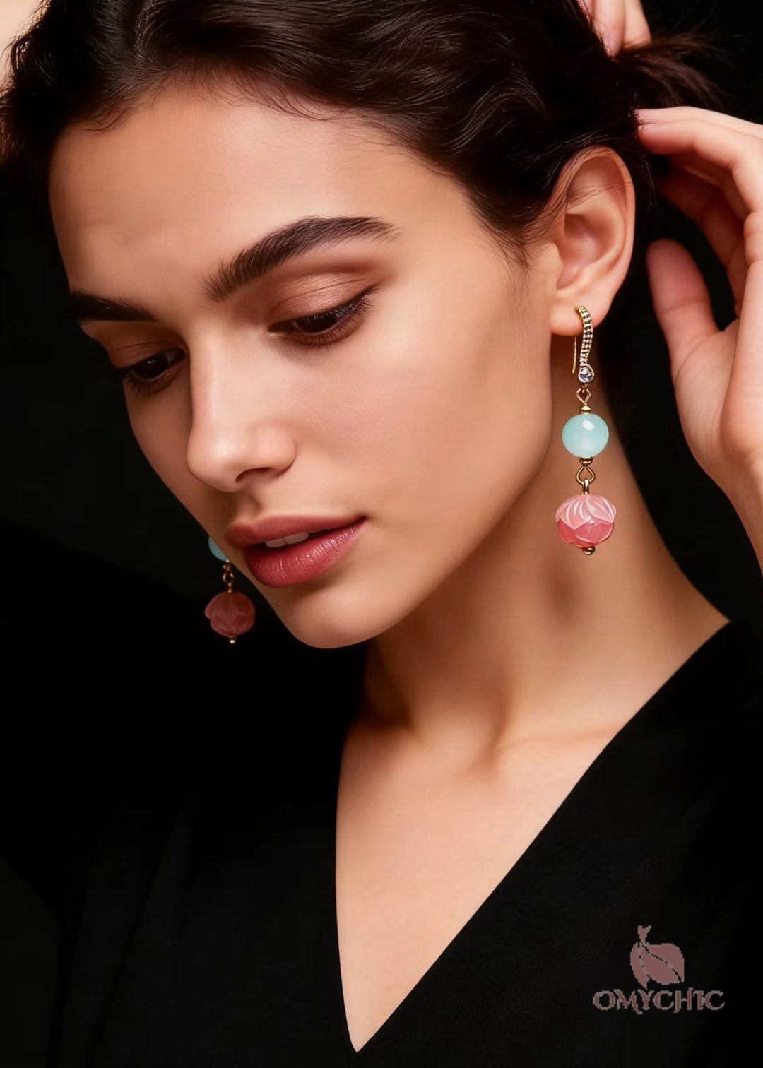Fine Pink Flower Zircon Jade Drop Earrings