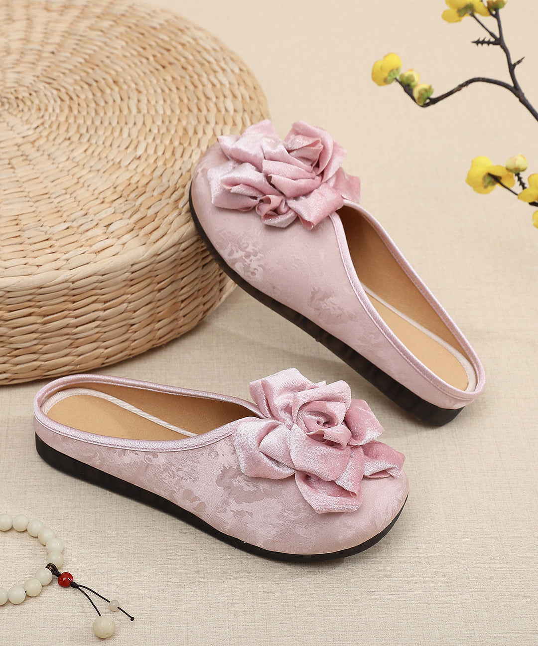 Fine Pink Jacquard Satin Fabric Handmade Flip Flops