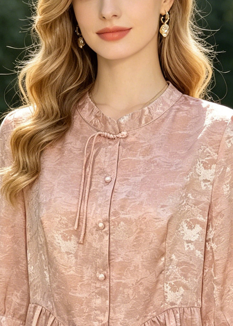 Fine Pink Mandarin Collar Jacquard Silk Top Summer