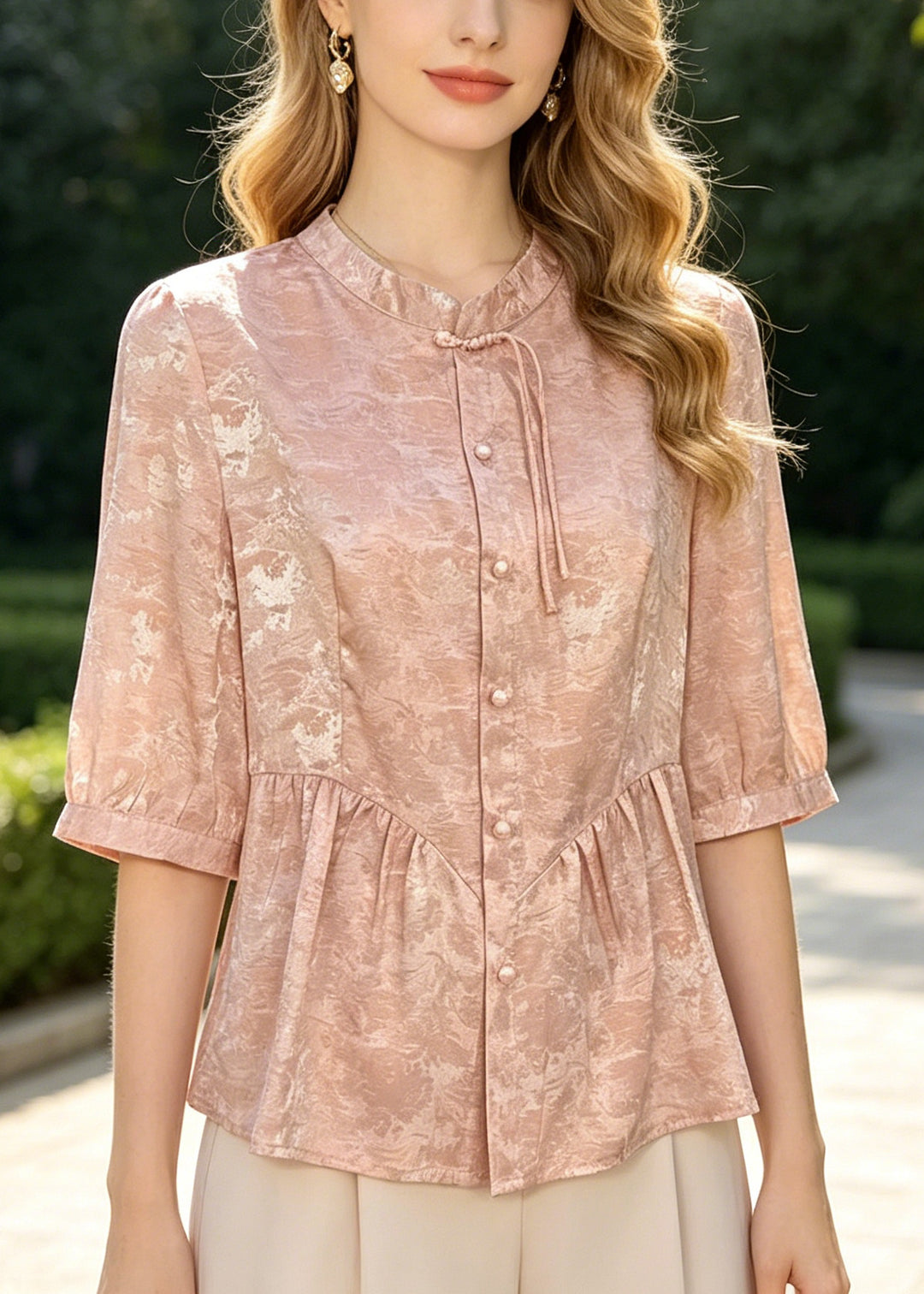 Fine Pink Mandarin Collar Jacquard Silk Top Summer
