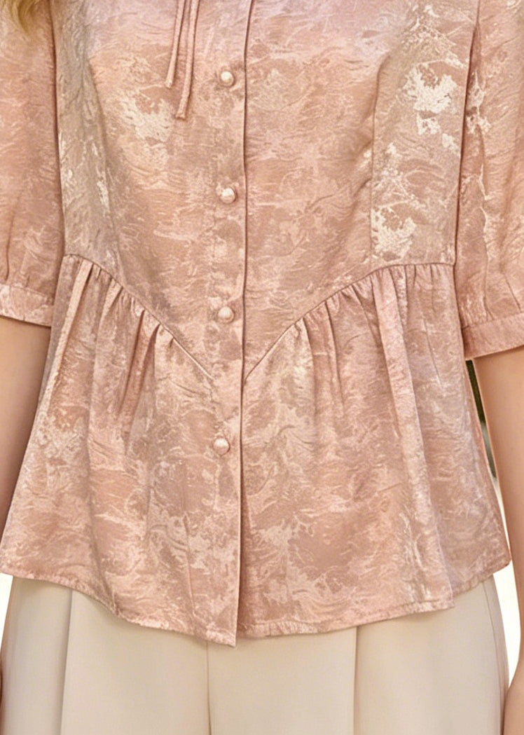 Fine Pink Mandarin Collar Jacquard Silk Top Summer